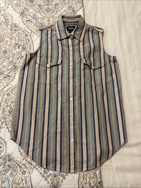 Vintage Dockers Striped Sleeveless Button-Down Shirt - Blue & Tan